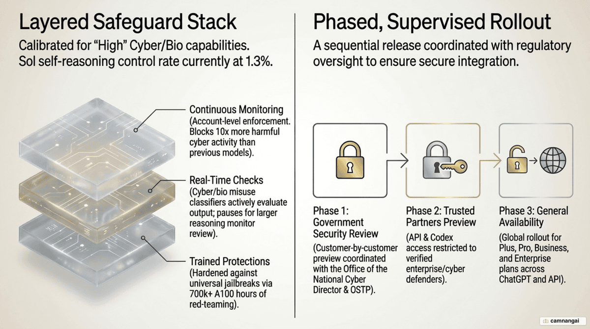 Diagram of GPT-5.6's layered safeguard stack and its phased, government-supervised rollout.