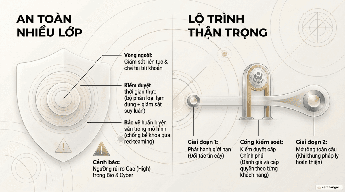 Sơ đồ hệ thống bảo vệ đa lớp của GPT-5.6 và lộ trình phát hành theo giai đoạn dưới sự giám sát của chính phủ.