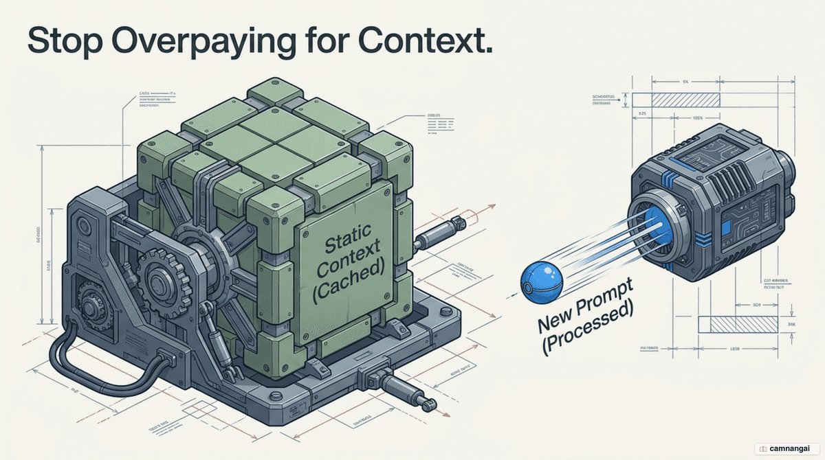 Illustration of prompt caching reusing the static, already-processed context to cut AI API costs