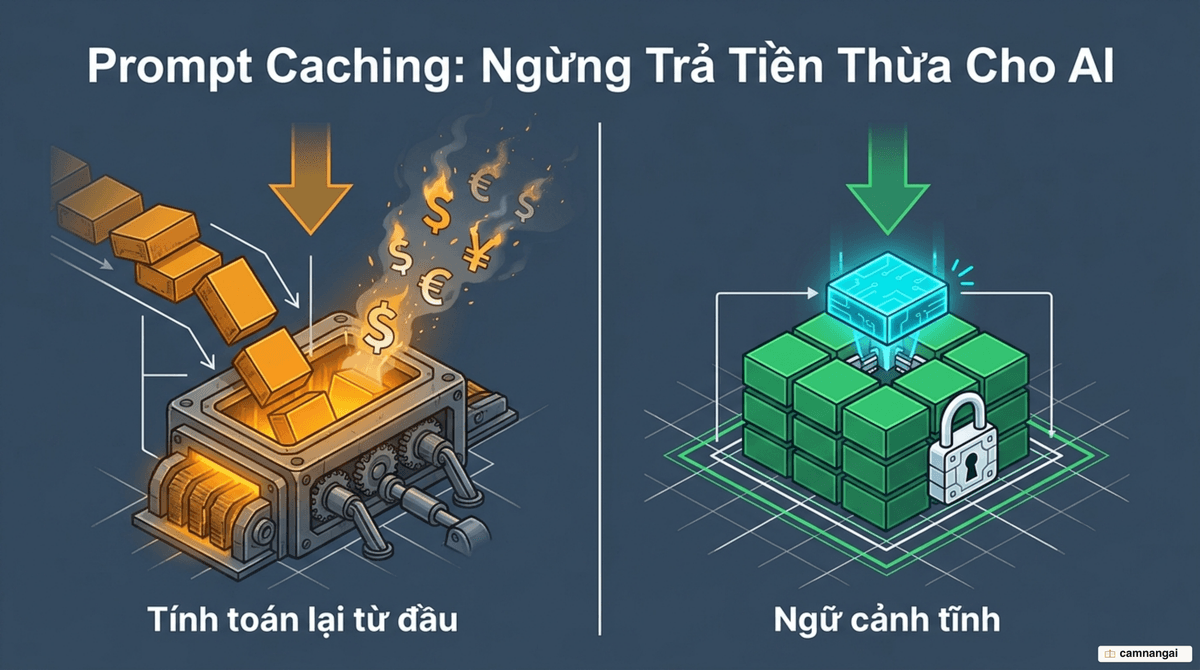 Minh hoạ prompt caching tái dùng phần ngữ cảnh tĩnh đã được xử lý để tiết kiệm chi phí gọi AI