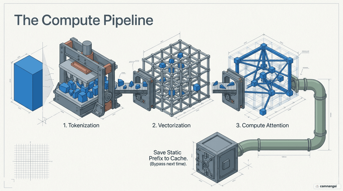 Diagram of the three-step prompt pipeline — Tokenization, Vectorization, Compute Attention — and where the cache stores the static prefix result