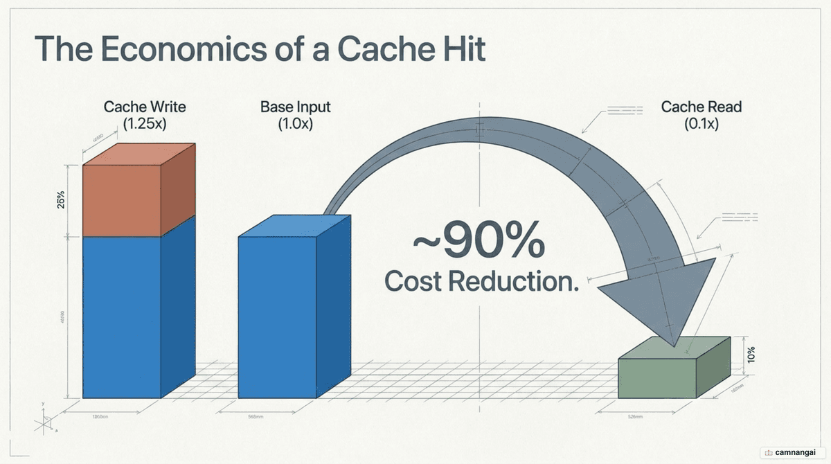 Chart comparing prompt caching's three price tiers — cache write 1.25x, cache read 0.1x, and normal input — showing up to 90% savings on a cache hit