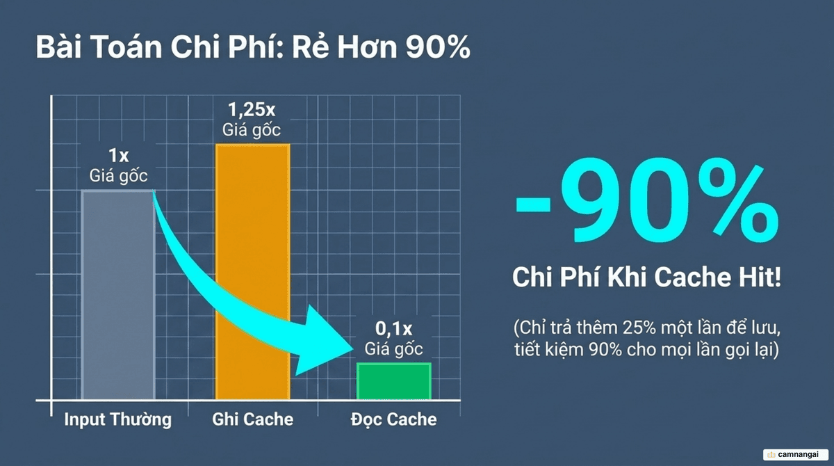 Biểu đồ so sánh ba mức giá của prompt caching — ghi cache 1,25×, đọc cache 0,1×, và input thường — cho thấy mức tiết kiệm tới 90% khi cache hit