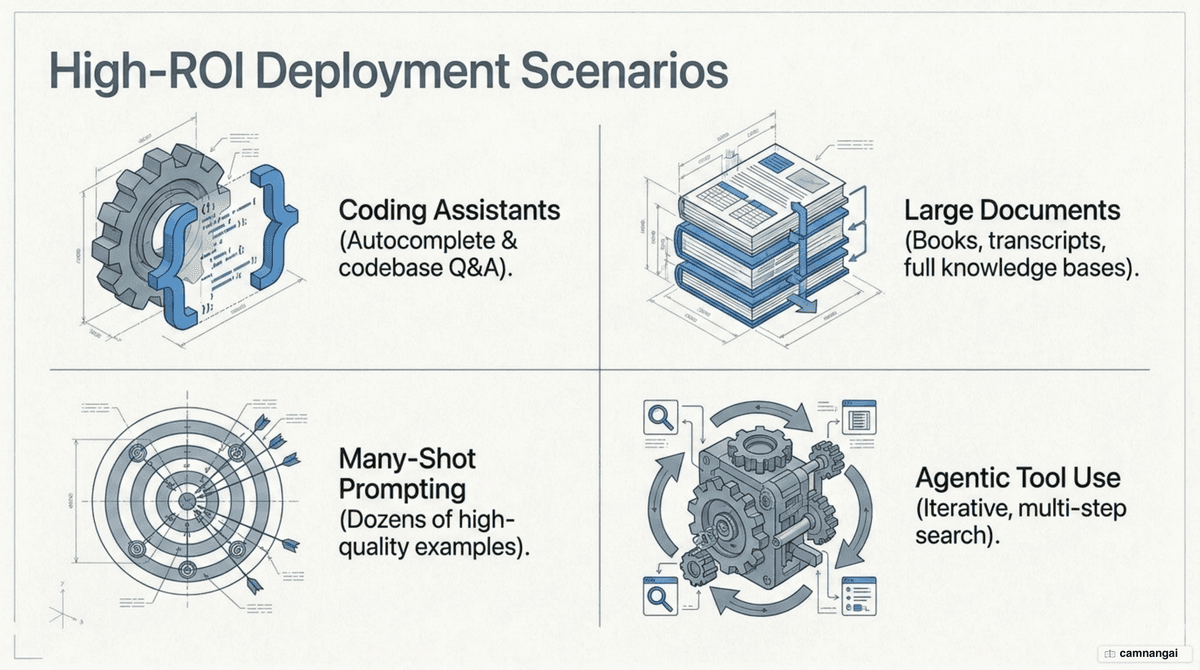 The four highest-ROI use cases for prompt caching — coding assistants, large-document processing, many-shot prompting, and agentic search / tool use