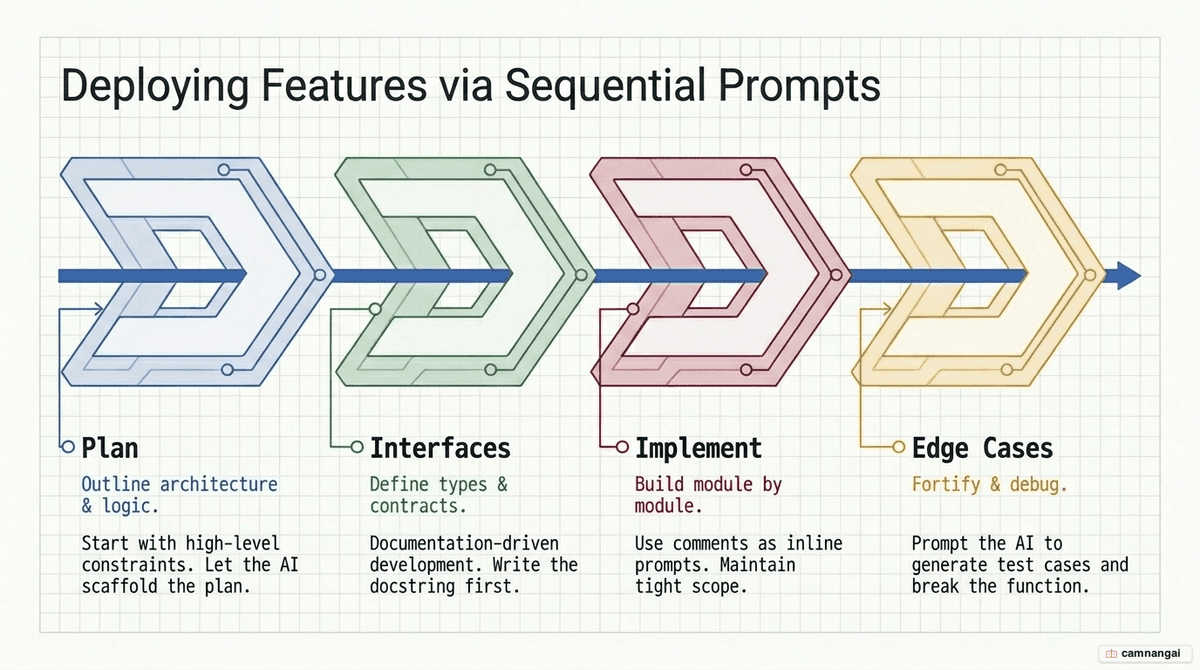 Step-by-step workflow for building a new feature: plan, write interfaces and types, implement module by module, and handle edge cases
