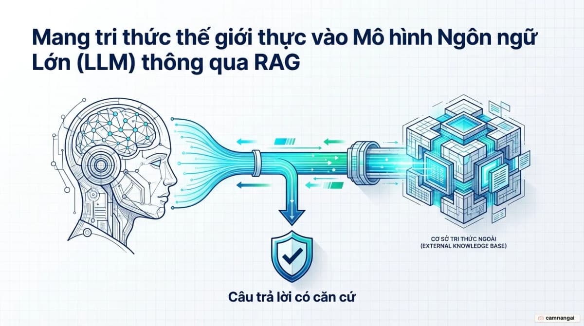 Sơ đồ khái niệm RAG: tri thức từ kho dữ liệu bên ngoài được đưa vào mô hình ngôn ngữ lớn (LLM) để tạo ra câu trả lời có căn cứ
