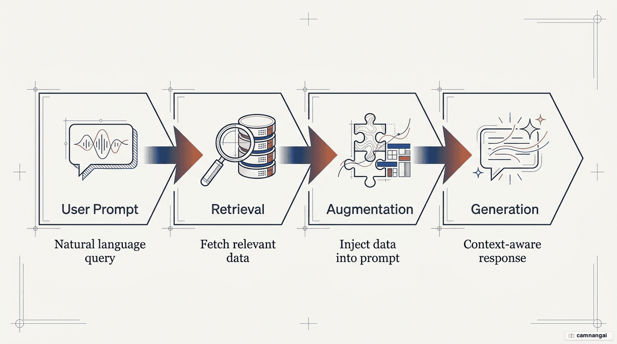 The four-step RAG flow: User Prompt to Retrieval of relevant data to Augmentation injecting data into the prompt to Generation of a context-aware response