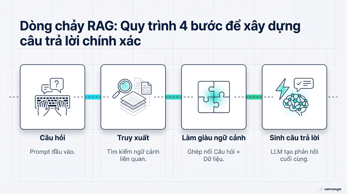 Quy trình RAG bốn bước: Câu hỏi → Truy xuất ngữ cảnh liên quan → Làm giàu ngữ cảnh bằng dữ liệu → Sinh câu trả lời cuối cùng