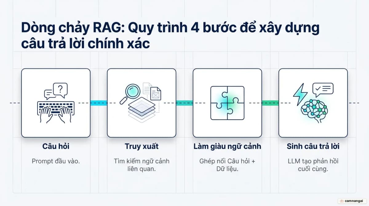 Quy trình RAG bốn bước: Câu hỏi → Truy xuất ngữ cảnh liên quan → Làm giàu ngữ cảnh bằng dữ liệu → Sinh câu trả lời cuối cùng
