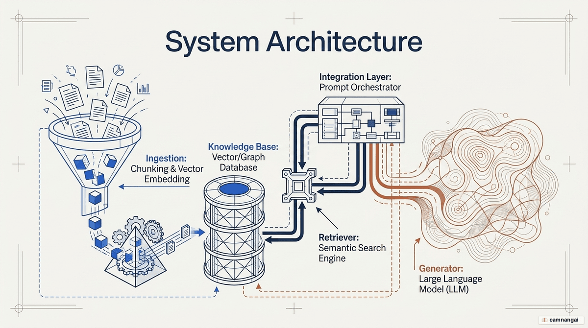 RAG system architecture: a real-time query path with user prompt, retriever, integration layer and generator, above an ingestion path of documents, chunking and vector embedding feeding the knowledge base