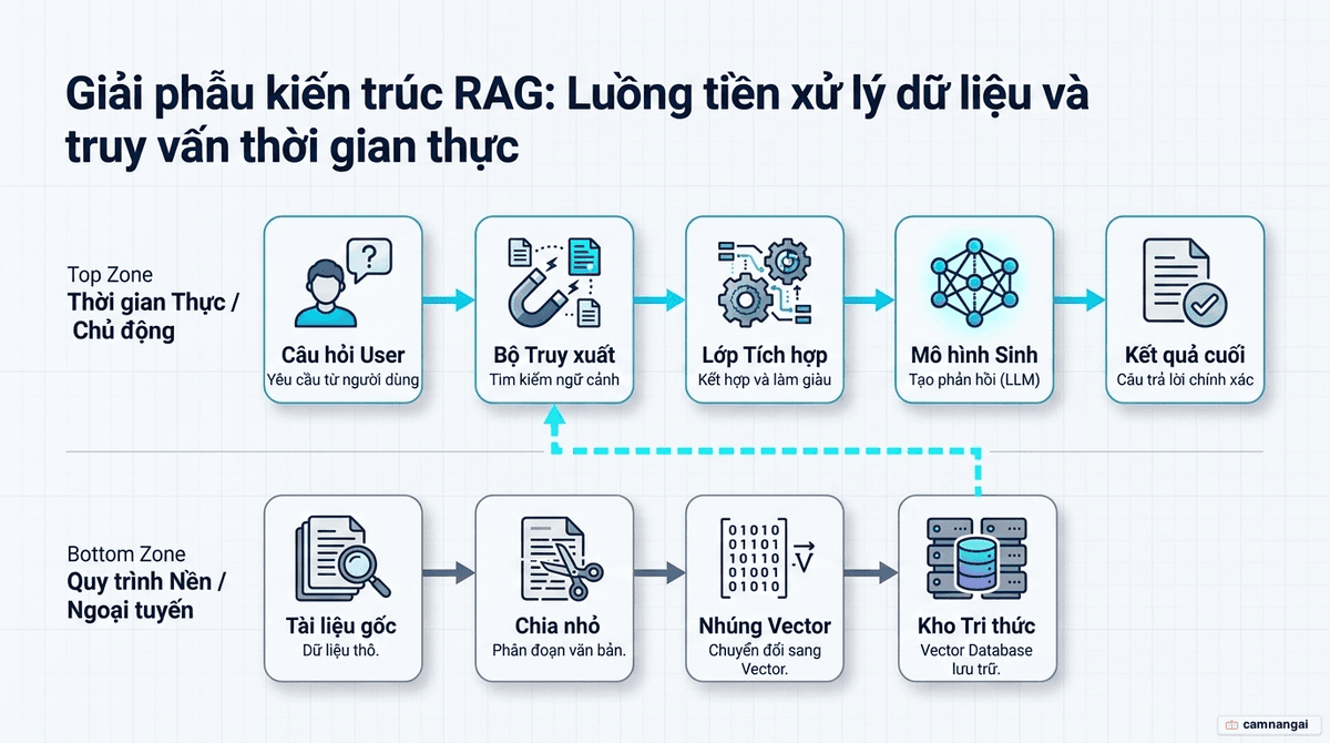 Kiến trúc hệ thống RAG: tầng truy vấn thời gian thực gồm câu hỏi người dùng, bộ truy xuất, lớp tích hợp và mô hình sinh, bên dưới là quy trình tiền xử lý tài liệu — chia nhỏ và nhúng vector vào kho tri thức