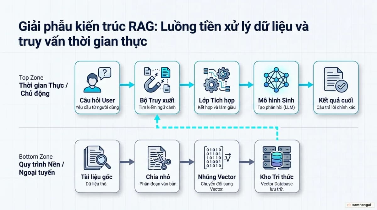 Kiến trúc hệ thống RAG: tầng truy vấn thời gian thực gồm câu hỏi người dùng, bộ truy xuất, lớp tích hợp và mô hình sinh, bên dưới là quy trình tiền xử lý tài liệu — chia nhỏ và nhúng vector vào kho tri thức