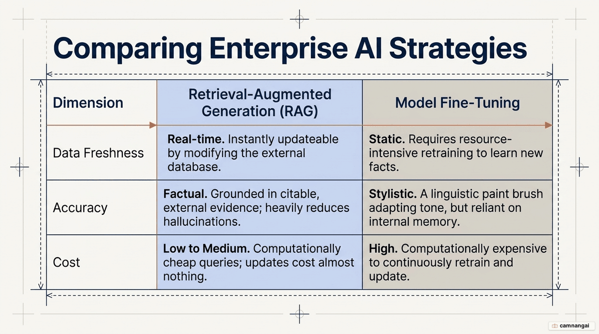 Table comparing Retrieval-Augmented Generation and model fine-tuning across data freshness, accuracy, and cost