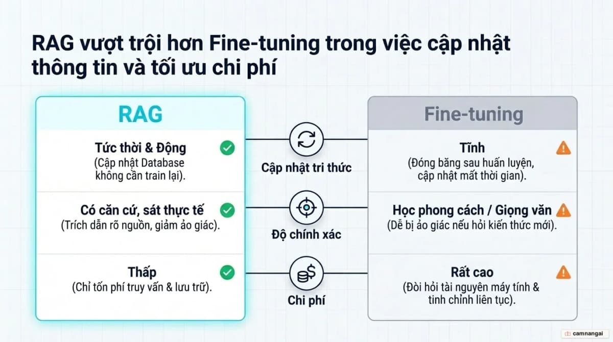 Bảng so sánh RAG và fine-tuning theo ba tiêu chí: cập nhật tri thức, độ chính xác và chi phí