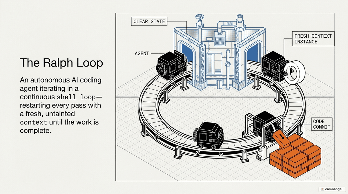 Cover image: an AI agent iterating in the Ralph Loop, each pass starting with a fresh context until the task is done
