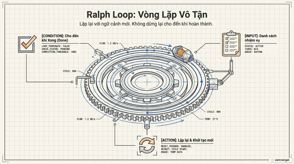 Ảnh bìa: một AI agent chạy lặp đi lặp lại trong vòng lặp Ralph, mỗi vòng khởi tạo ngữ cảnh mới cho đến khi hoàn thành nhiệm vụ