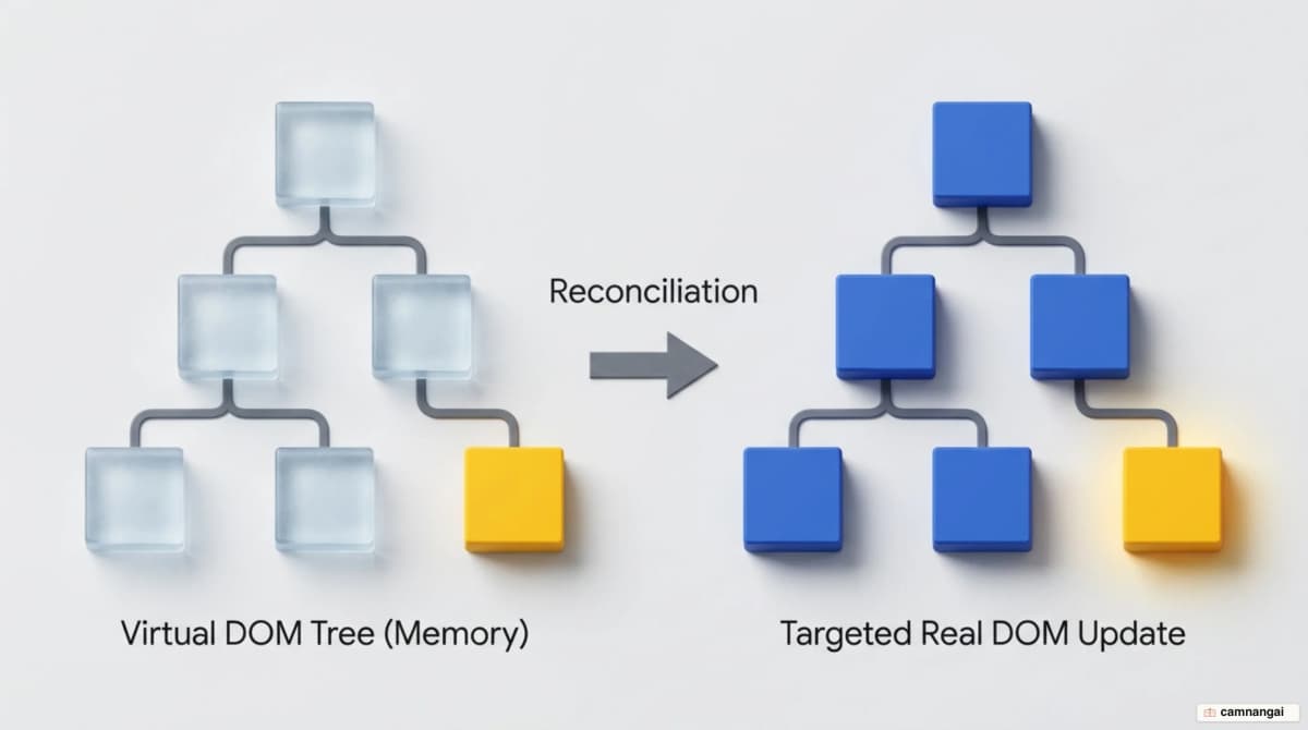 React builds a new virtual DOM tree, compares it against the previous one through reconciliation, then updates only the changed part of the real DOM