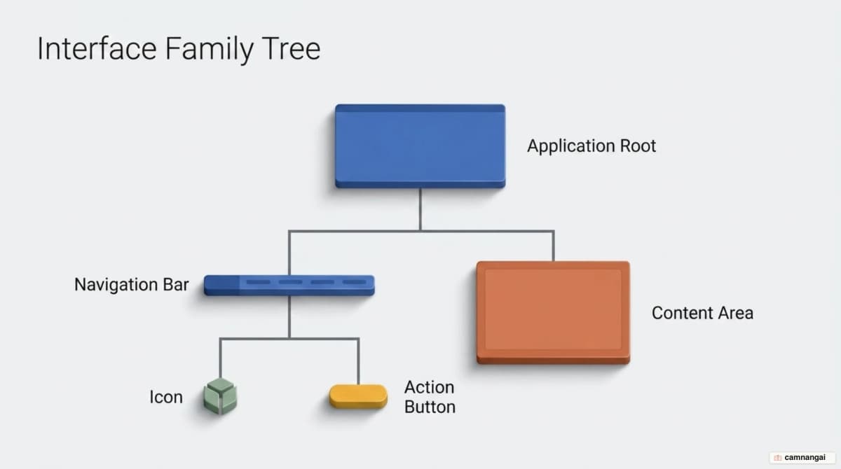A React component tree: small components such as a button nested inside larger ones such as a navigation bar