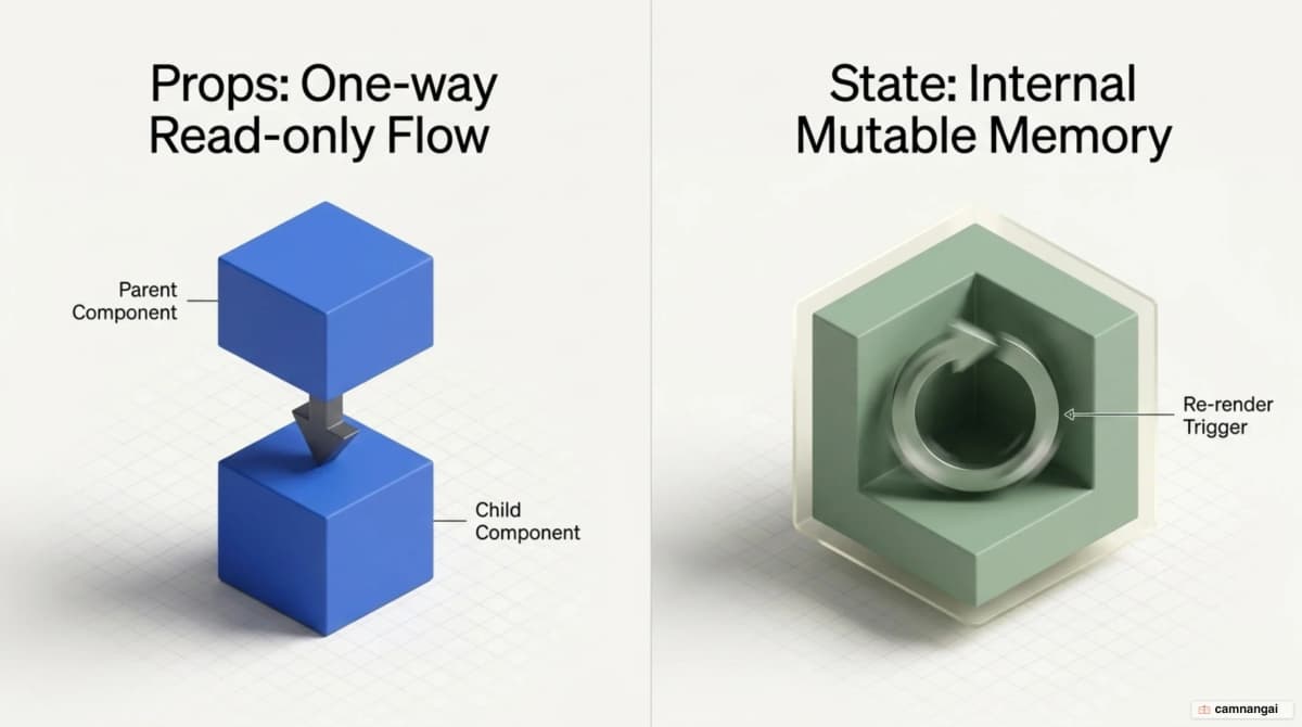 Props flow one way from a parent component down to a child and are read-only, while state is each component's own internal memory