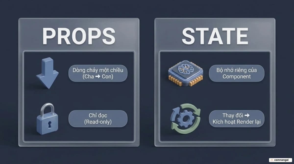 Props chảy một chiều từ component cha xuống con và chỉ đọc, còn state là bộ nhớ riêng bên trong mỗi component