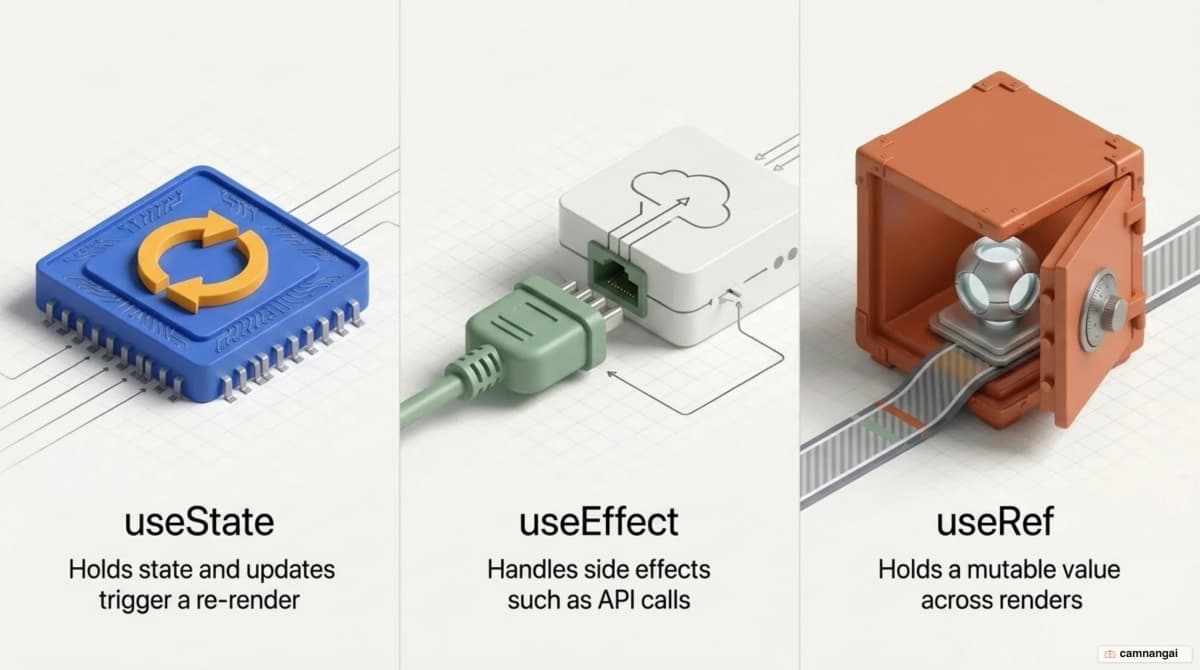 The three core React hooks: useState holds state, useEffect handles side effects such as API calls, useRef holds a value without triggering a re-render
