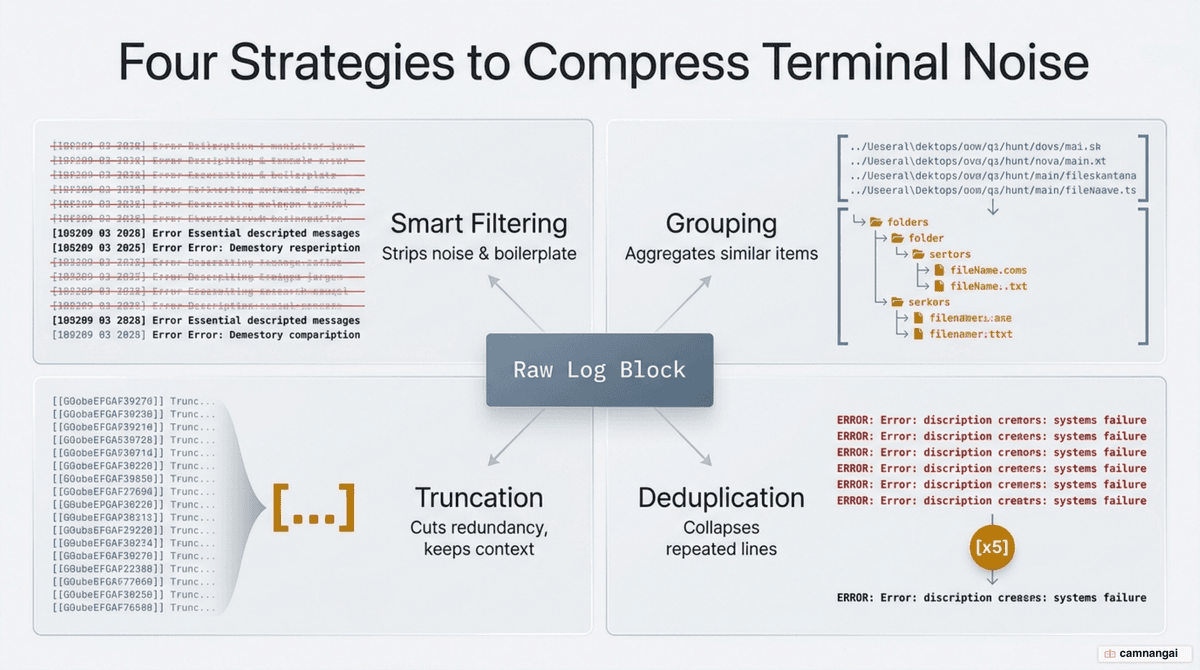 RTK's four output compression strategies — Smart Filtering, Grouping, Truncation and Deduplication — applied to the same block of log output