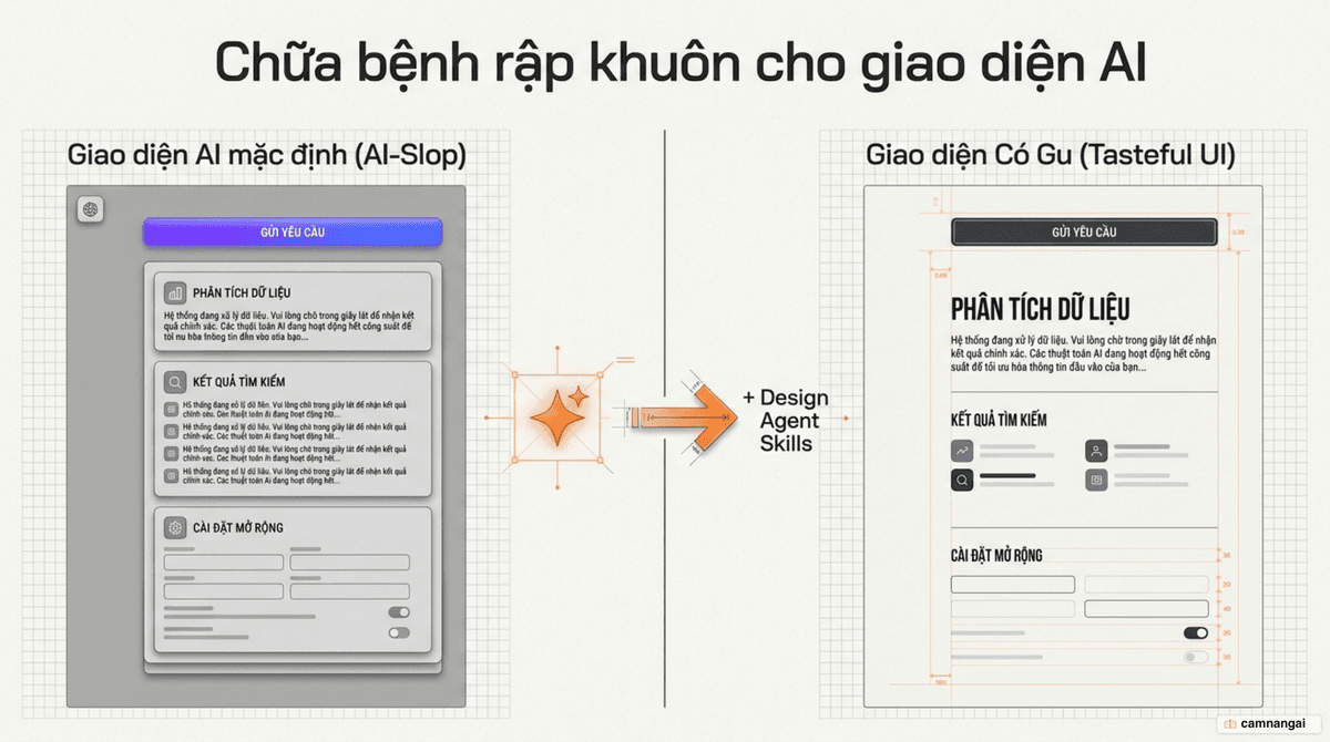 Ảnh bìa: giao diện do AI tạo rập khuôn với font Inter, gradient tím và các thẻ card lồng nhau, được chuyển thành giao diện có gu nhờ các skill thiết kế của Claude Code