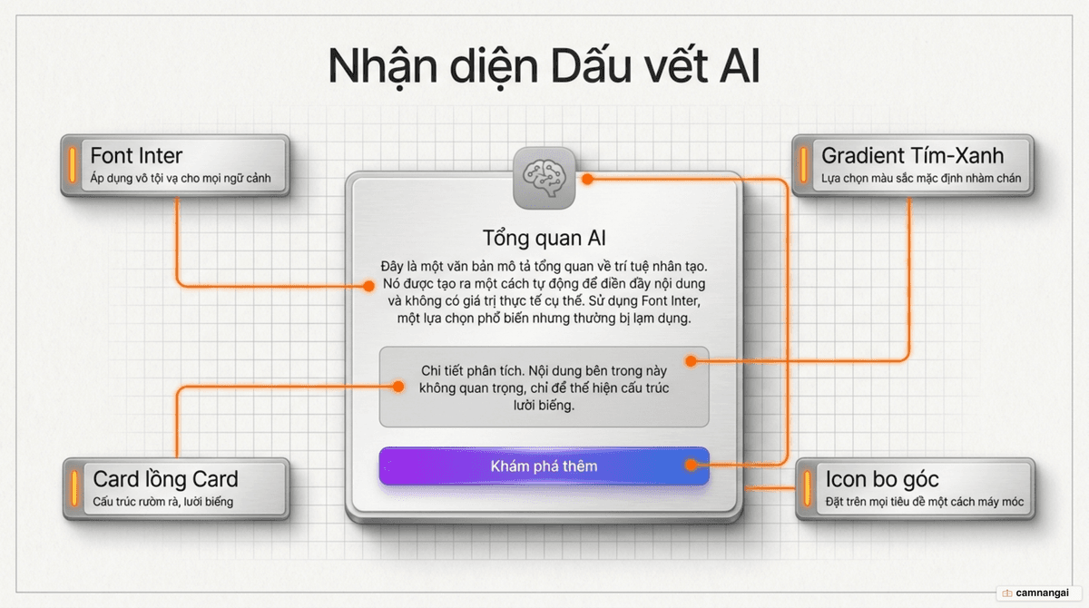 Các dấu vết đặc trưng của giao diện AI: font Inter, gradient tím-xanh, thẻ card lồng nhau và icon bo góc đặt trên mỗi tiêu đề