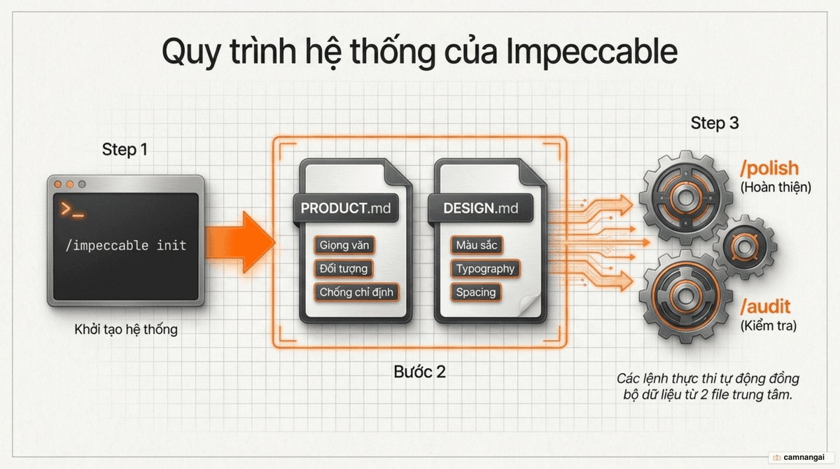 Quy trình Impeccable: lệnh /impeccable init sinh ra file PRODUCT.md và DESIGN.md, mọi lệnh polish hay audit sau đó đều đọc từ hai file này