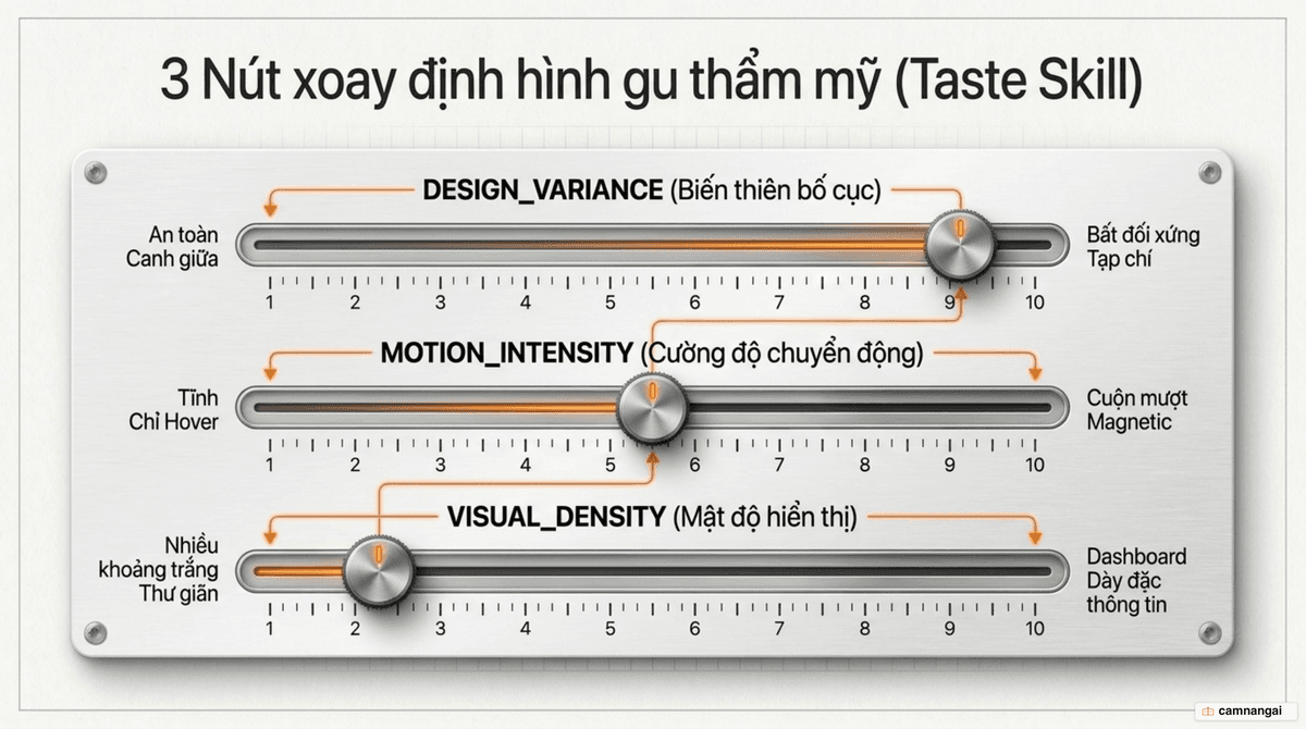 Ba nút xoay của Taste Skill trên thang 1–10: DESIGN_VARIANCE, MOTION_INTENSITY và VISUAL_DENSITY