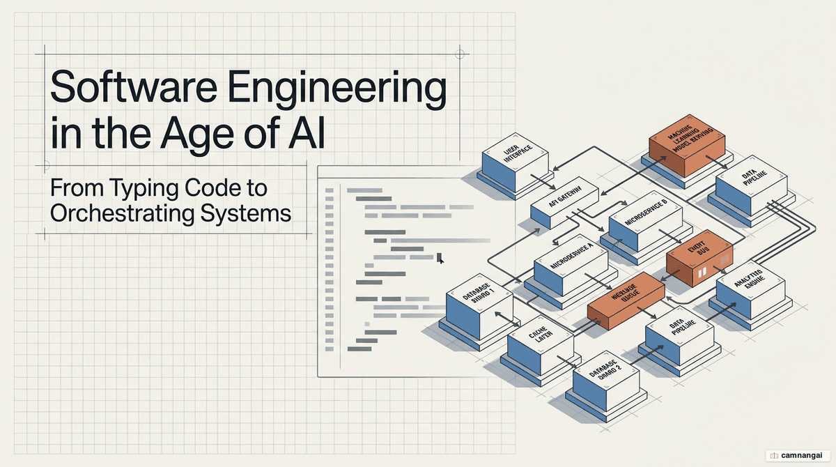 A software engineer in the age of AI shifting from lines of code toward designing a multi-layered system architecture