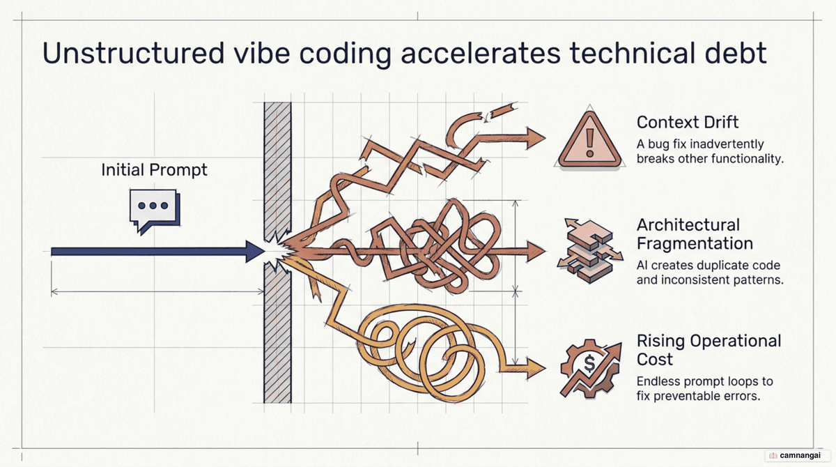 Vibe coding without a spec leads to technical debt: context drift, architectural fragmentation, and rising operational cost.