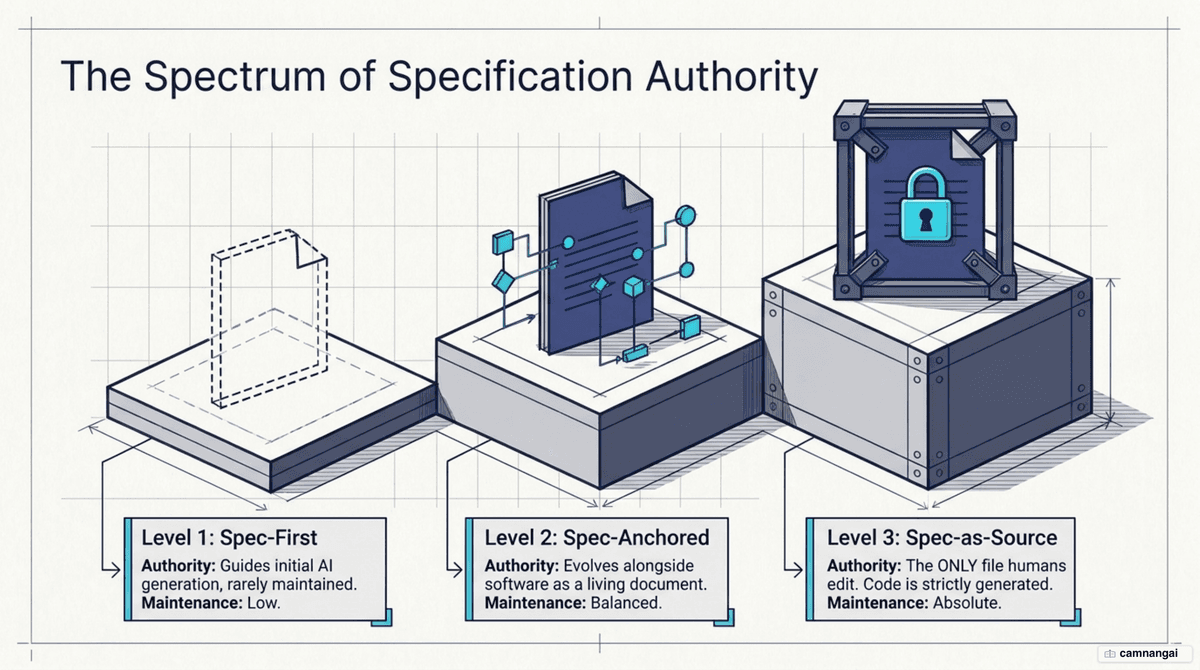 The three levels of spec-driven development on a rising scale: spec-first, spec-anchored, and spec-as-source.