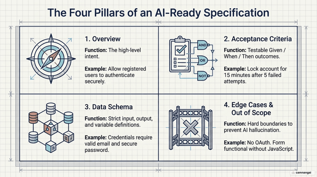 The four core parts of a good spec: Overview, Acceptance Criteria, Data Schema, and Edge cases and Out of scope.