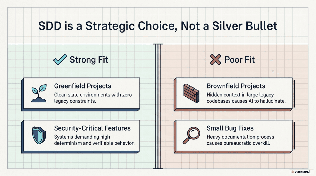 When to use SDD: a strong fit for greenfield and security-critical work; a poor fit for small fixes and brownfield projects.