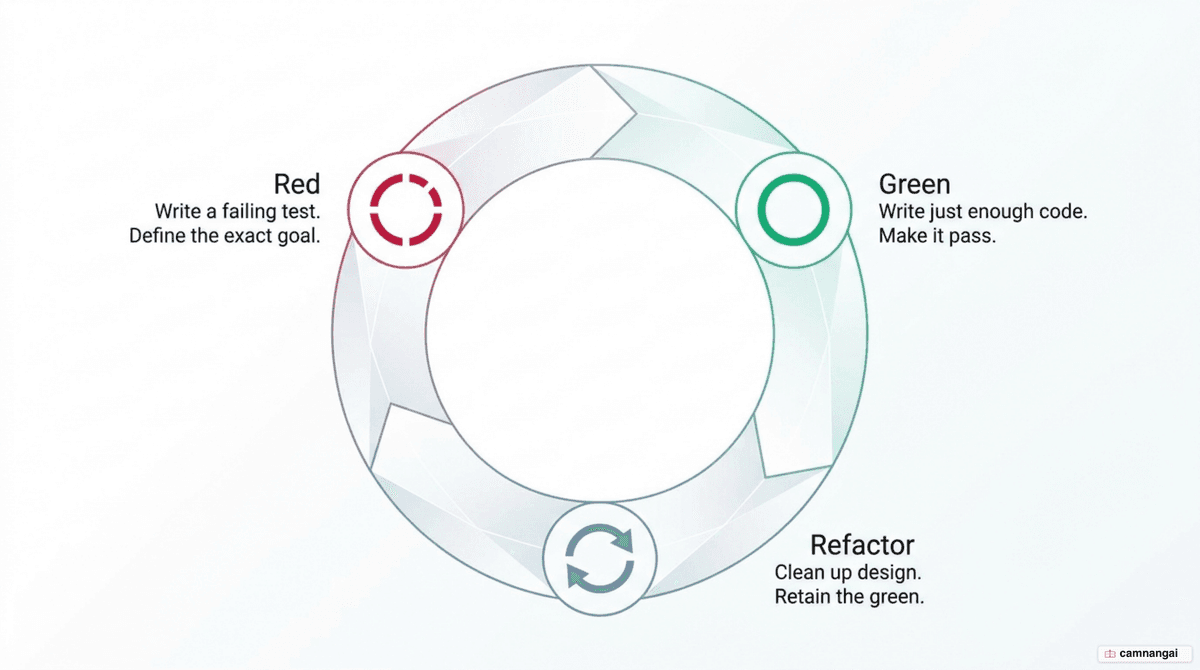 Diagram of the Red-Green-Refactor loop: write a failing test, write just enough code to pass, then refactor.