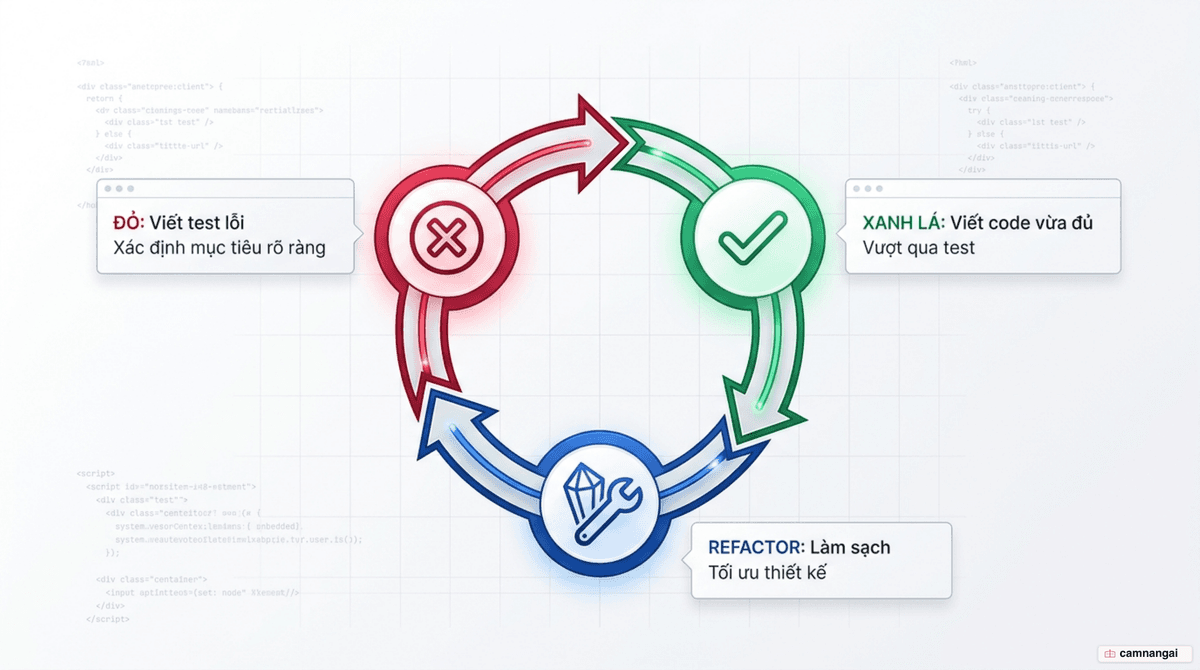Sơ đồ vòng lặp Red-Green-Refactor: viết test lỗi, viết code vừa đủ để test xanh, rồi refactor.