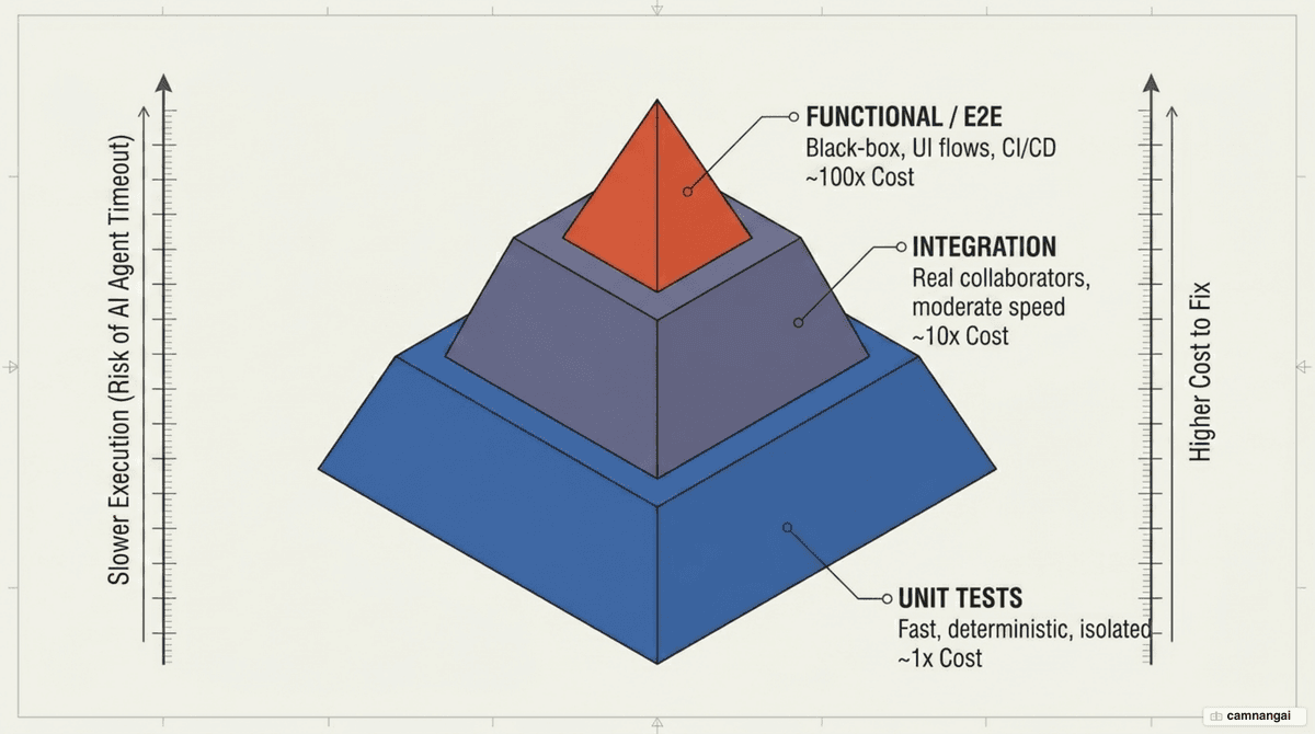 Test-type pyramid by speed and cost: unit tests 1x at the base, integration 10x, end-to-end 100x at the top.