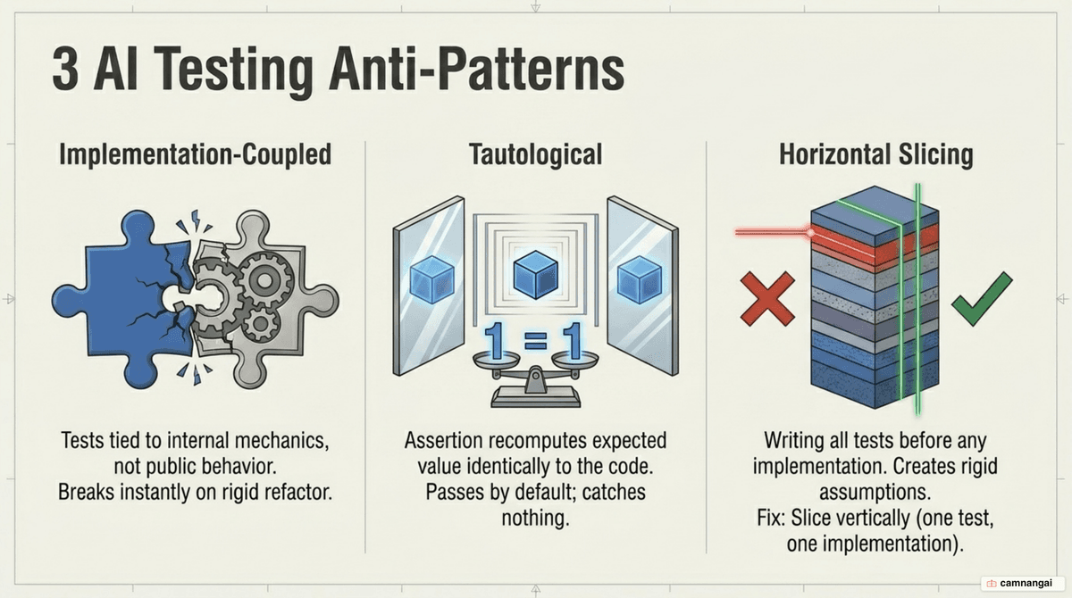 Three common mistakes when AI writes tests: implementation-coupled tests, tautological tests, and horizontal versus vertical slicing.