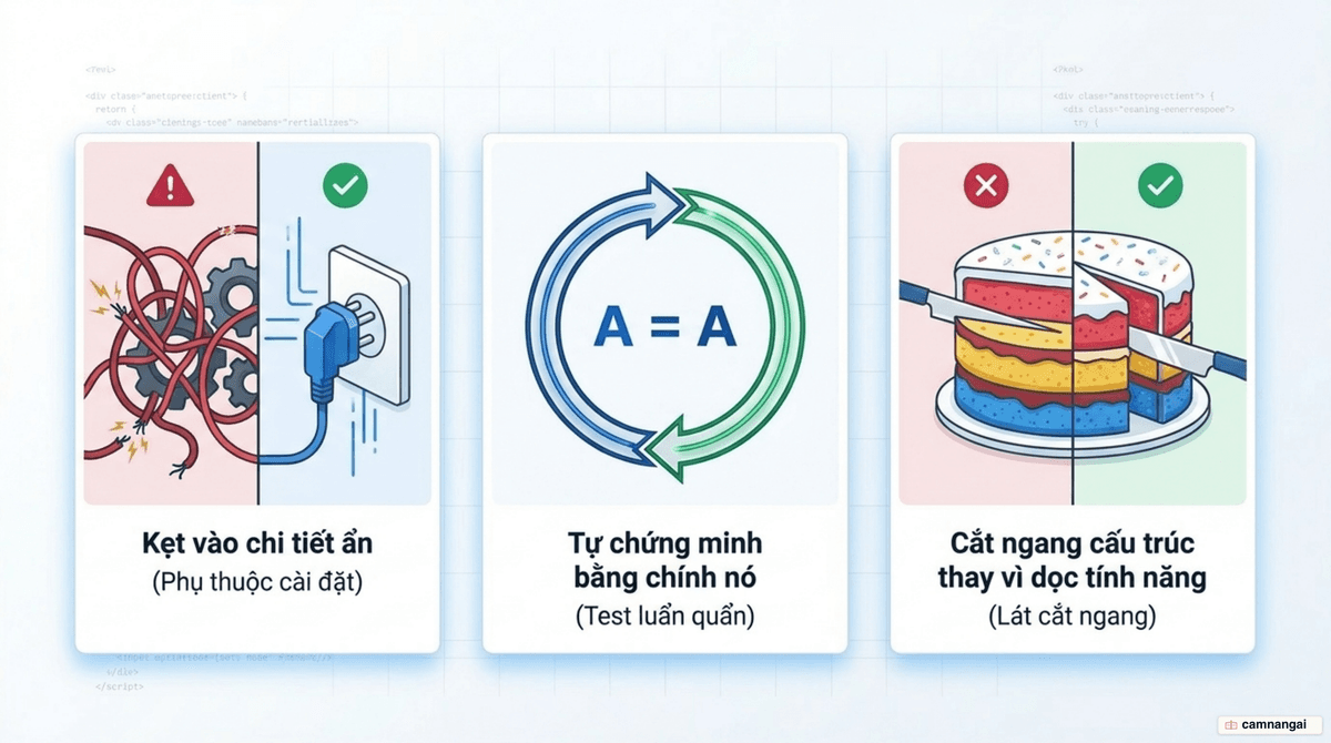 Ba sai lầm thường gặp khi để AI viết test: phụ thuộc cài đặt, test luẩn quẩn, và horizontal slicing so với vertical slice.