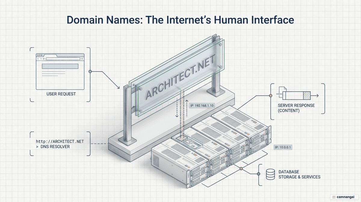 A domain name as a memorable text address standing in for a server's numeric IP address