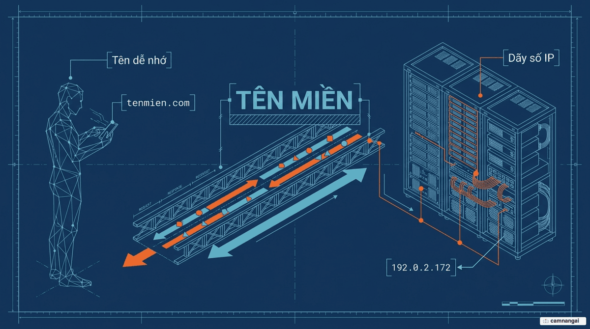 Minh hoạ tên miền: chuỗi chữ dễ nhớ đứng thay cho địa chỉ IP của máy chủ