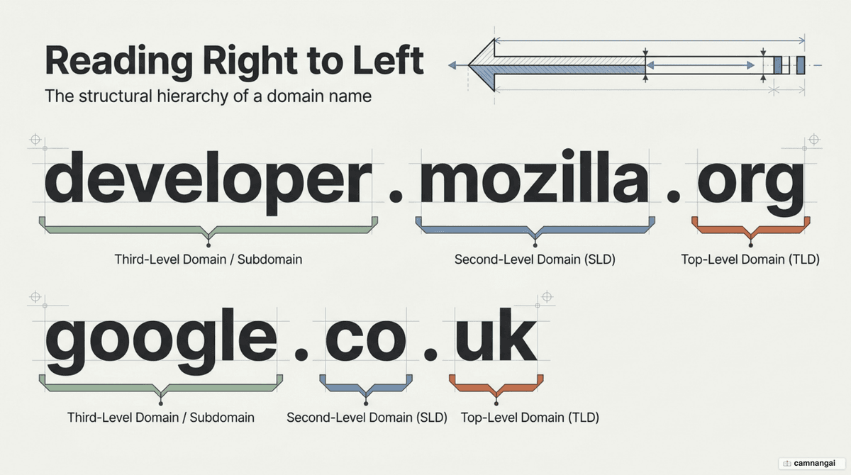 Domain name structure read right to left: top-level domain, second-level domain, and subdomain