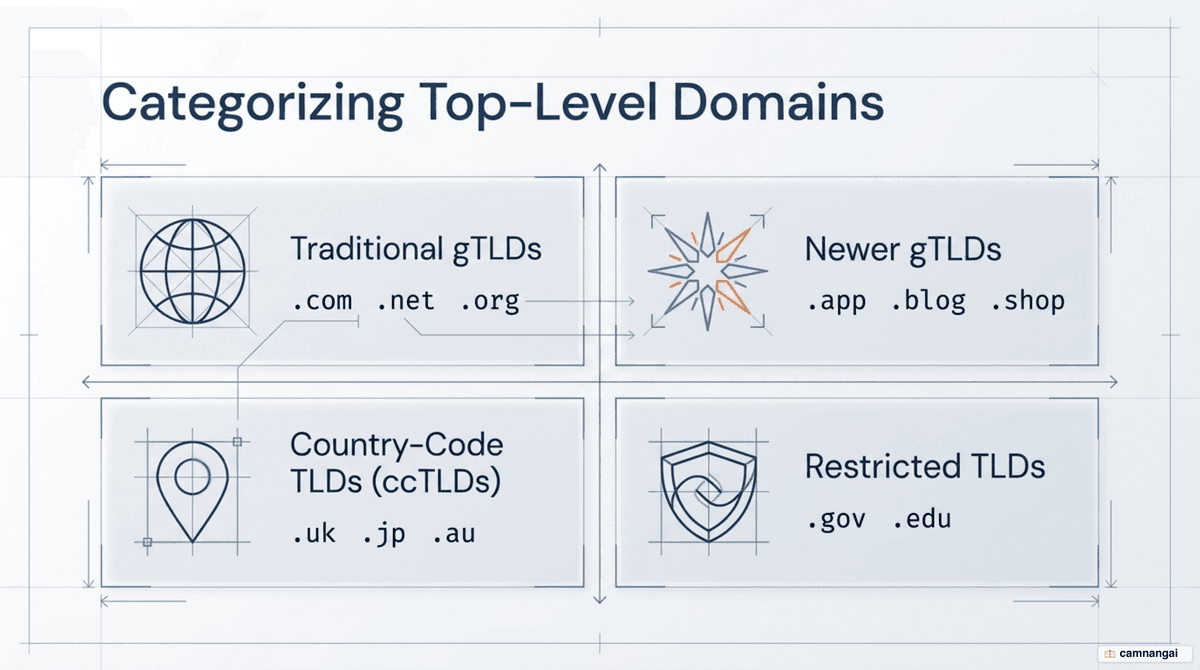 Categories of top-level domain: gTLDs, newer gTLDs, country-code TLDs, and restricted TLDs