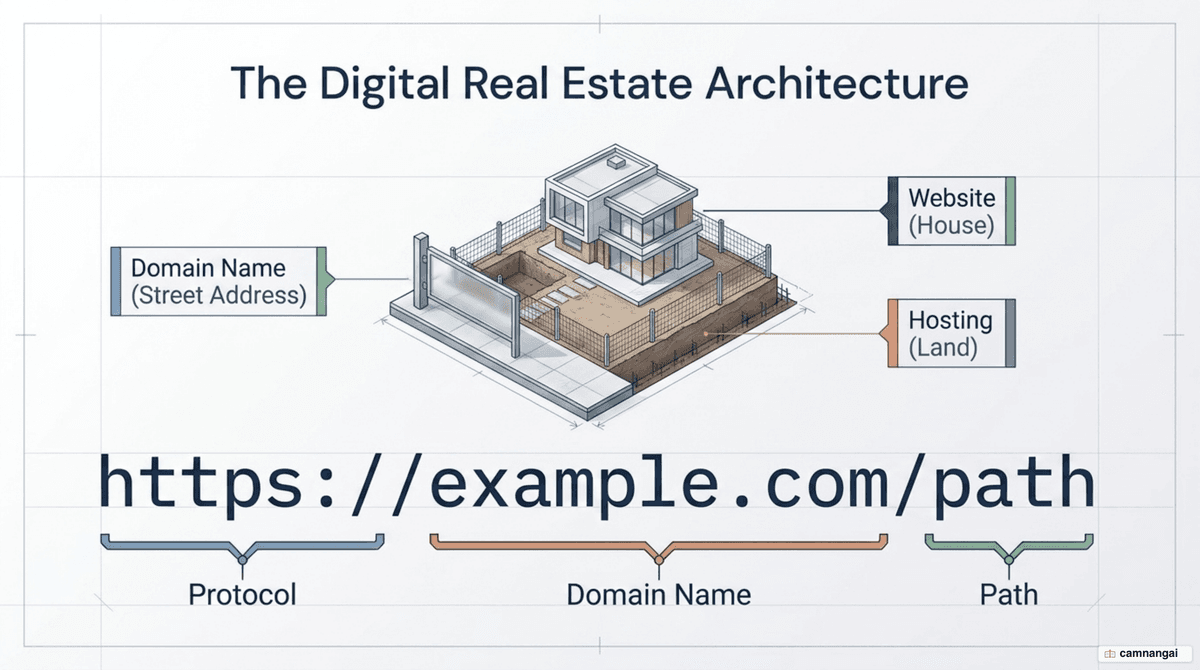 Domain name, URL, website, and hosting compared through the address, land, and house analogy