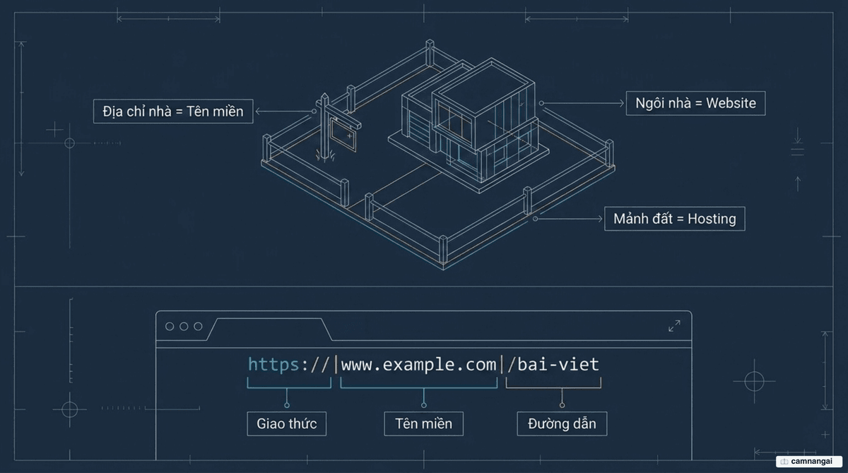 So sánh tên miền, URL, website và hosting qua phép ẩn dụ địa chỉ, mảnh đất và ngôi nhà