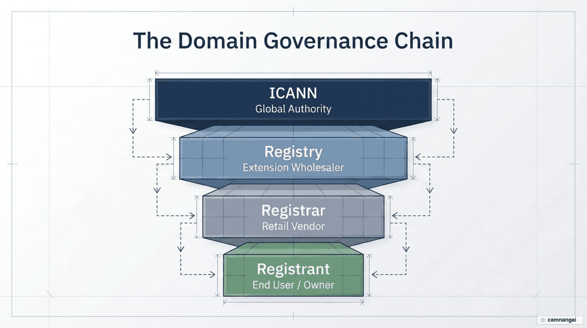 The tiered domain governance chain: ICANN, registry, registrar, and registrant