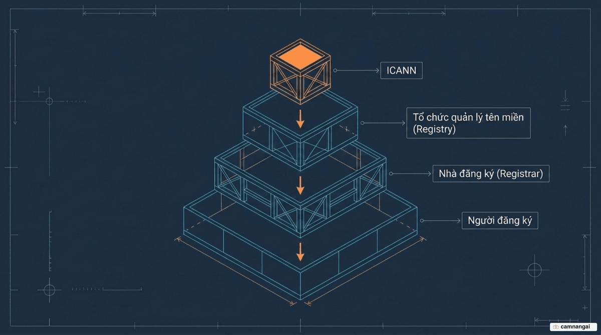Hệ thống quản lý tên miền nhiều cấp: ICANN, registry, registrar và người đăng ký