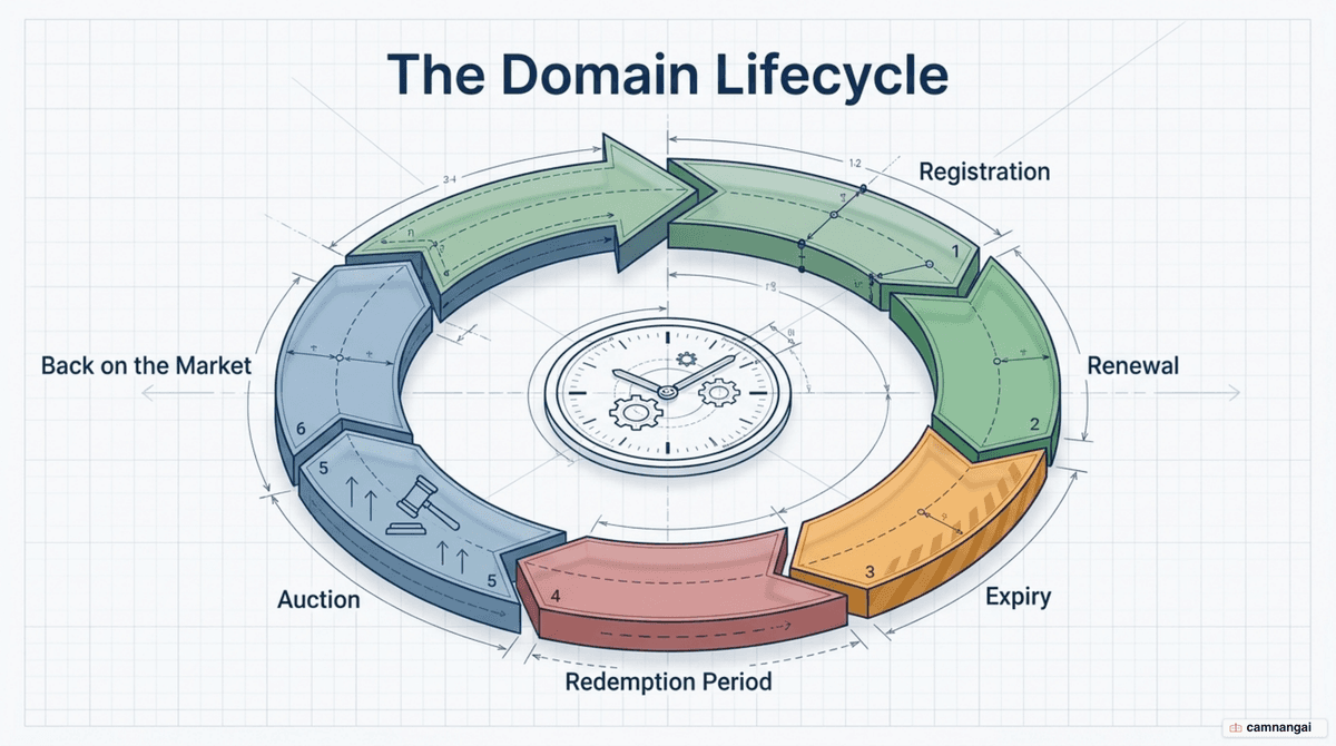 A domain name's lifecycle: registration, renewal, expiry, redemption period, and auction