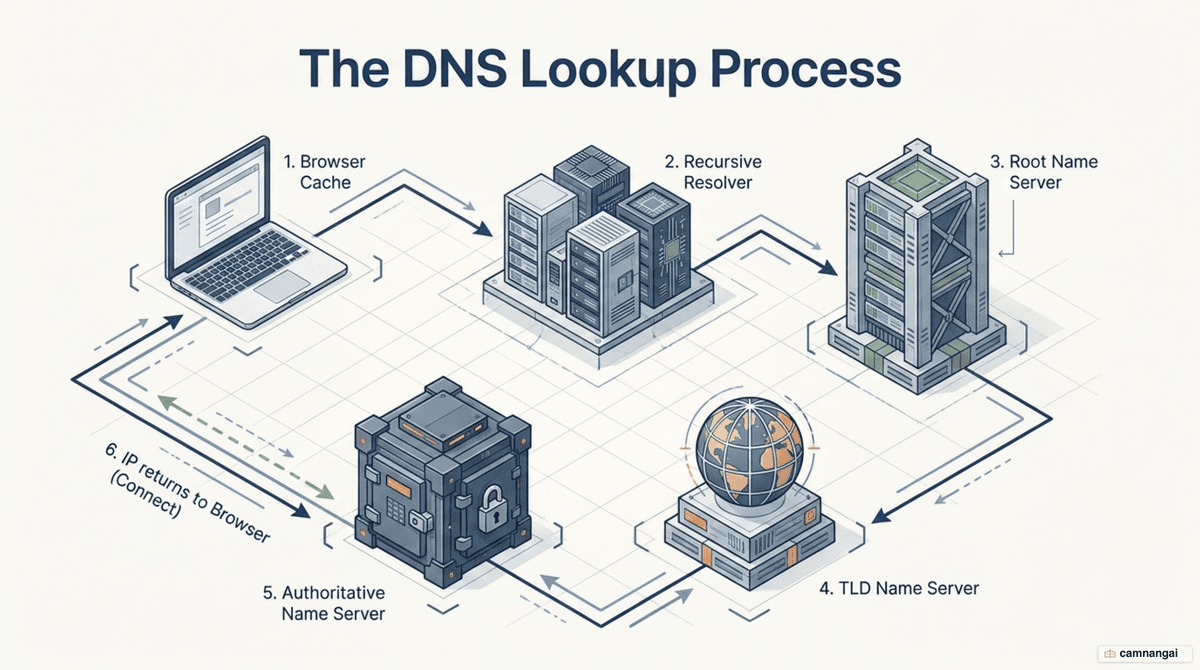 The six steps of a DNS lookup from browser cache to the authoritative name server